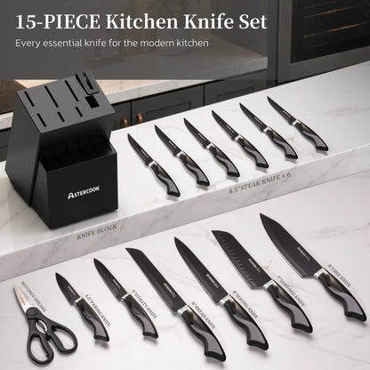 Astercook Knife Set, 15-Piece Kitchen Knives Set with Built-in Sharpener, German Stainless Steel Knife Block Sets with Anti-Rust Coating & PP Ergonomic Handle, Dishwasher Safe Black