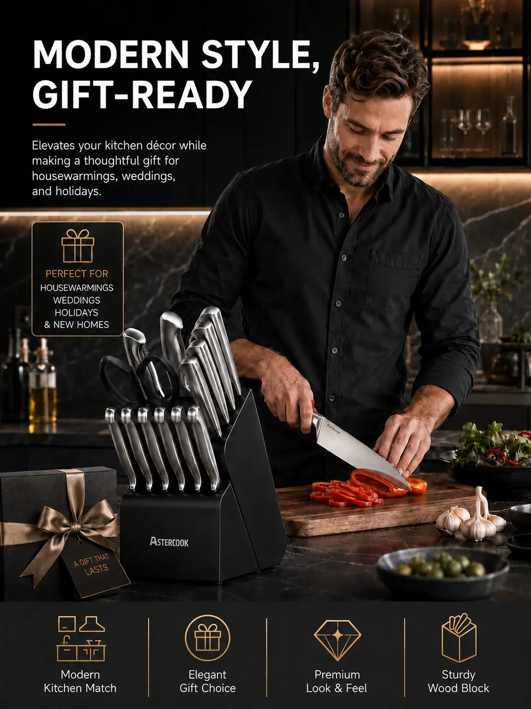 15-Pc One-Piece Steel Knife Set-black