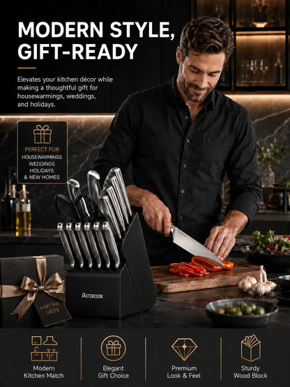 15-Pc One-Piece Steel Knife Set-black