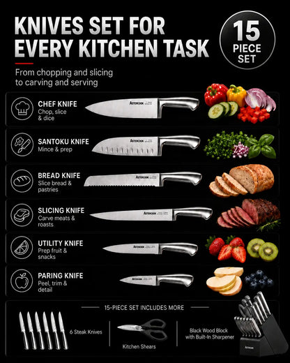 15-Pc One-Piece Steel Knife Set-black